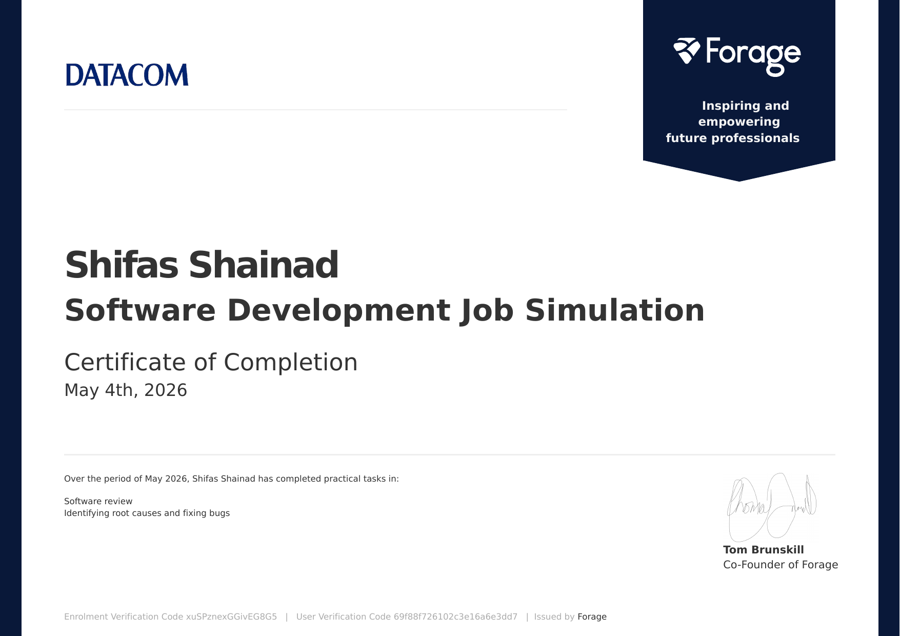 Software Development Job Simulation Certificate of Completion awarded to Shifas Shainad by Datacom through Forage