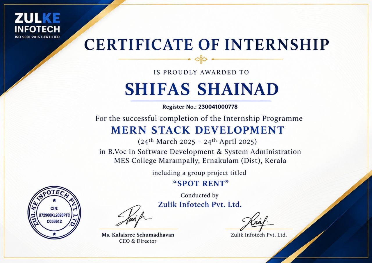MERN Stack Development Internship Certificate awarded to Shifas Shainad by Zulik Infotech Pvt. Ltd.
